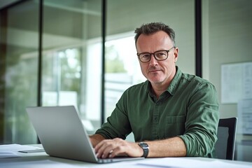 Fototapeta premium Middle-aged man with glasses working on a laptop at an office desk, blurred glass wall background, wide-angle professional photograph.