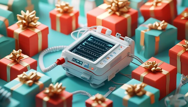 Festive scene with an ICU ventilator and gift boxes showcasing health as a precious gift.