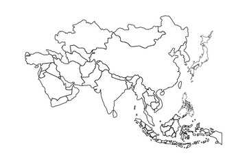 Asia map Outline, Linear Doodle Drawing. for website layouts,background,education, precise,customizable,Travel worldwide,map silhouette backdrop,earth geography, political,reports.