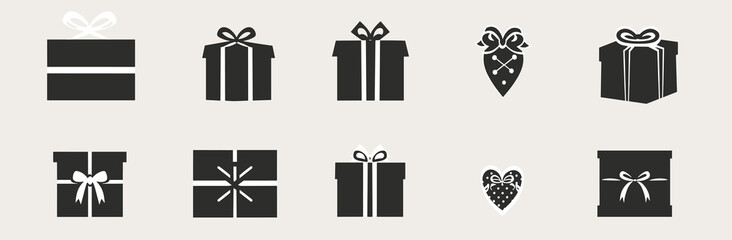 Collection of various gift box icons in black and white, each with unique designs and bows.