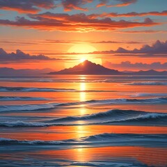 Fototapeta premium Illustration of sunrise with light reflection on ocean surface.