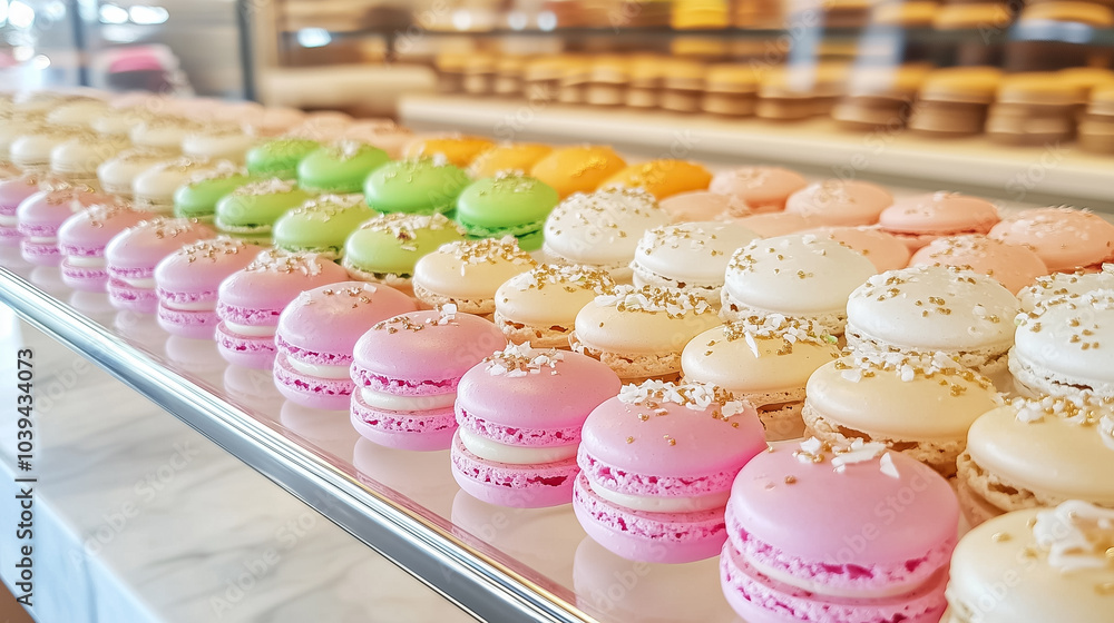 Poster rows of colorful macarons in different flavors are beautifully displayed, inviting to anyone with a 