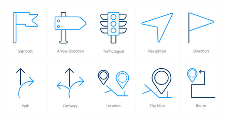 A set of 10 Navigation icons as signpost, arrow direction, traffic signal