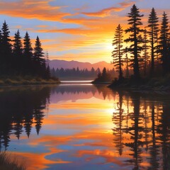 Fototapeta premium Illustration of sunrise with light reflection on ocean surface.