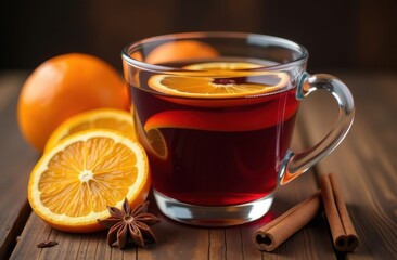 Hot drink in glass cup, with orange slices, cinnamon sticks, star anise nearby, dark wooden background in warm tone