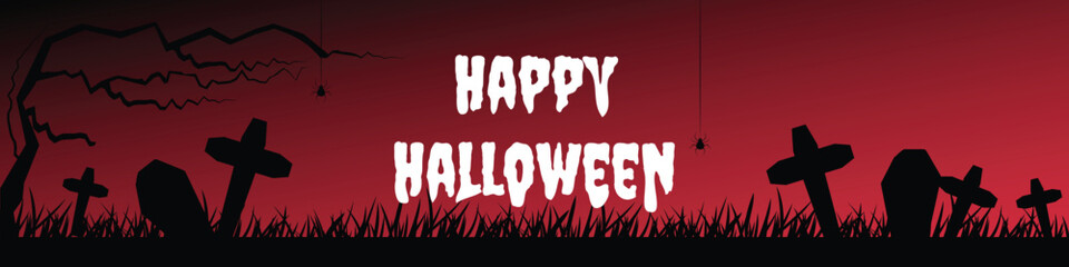 Fototapeta premium Red Halloween banner featuring coffins, crosses, spiders and a creepy cemetery scene with grass silhouettes