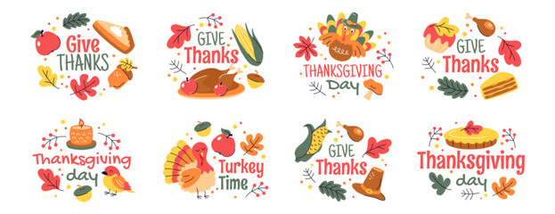 Vector set fall stickers with autumn phrases. Cozy design elements of roast turkey, orange leaves, acorns, pumpkin cake, pilgrim hat. Hand drawn quotes and holiday objects for happy thanksgiving day