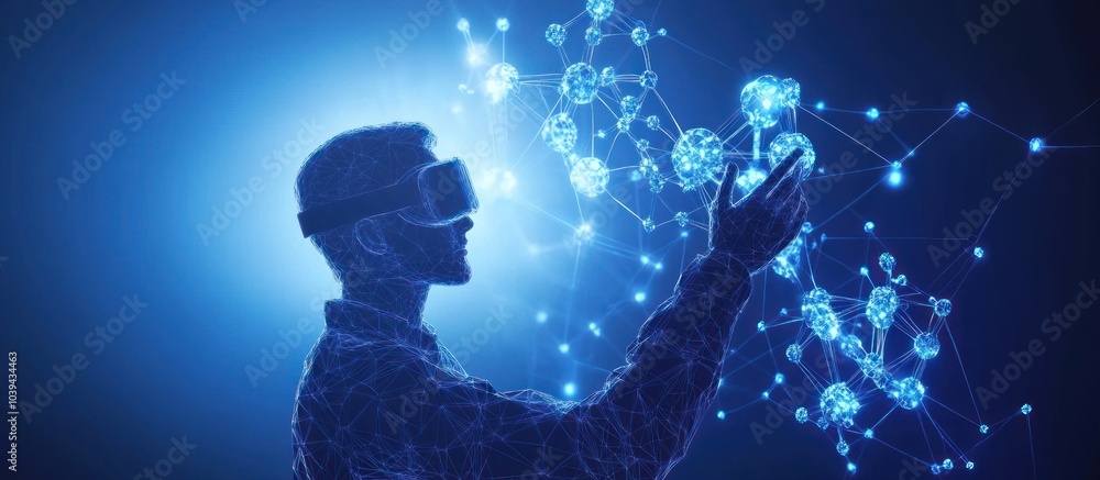 Aufkleber man in vr device touching virtual blue model of molecule. low poly wireframe science