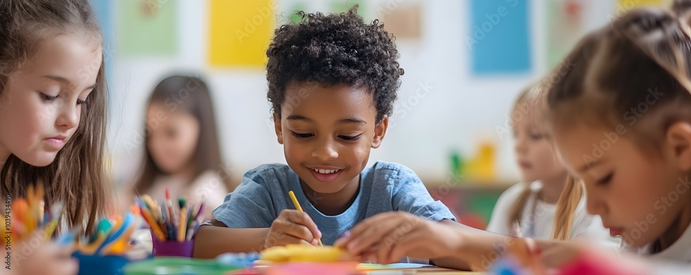 Poster diverse children collaborating and creating together in a colorful classroom