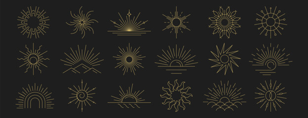Set of linear boho sunrise logo, golden sunset symbols, light beam or morning sun rays. Hand drawn sunburst, outline sunbeams, sunshine, gold line bohemian design elements. Mystic magic esoteric icons © redgreystock