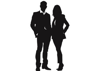Silhouette of a man and woman in formal attire standing together, exuding confidence and elegance.