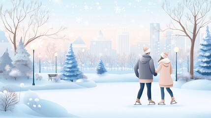 Couple girl and boy ice skating on frozen pond