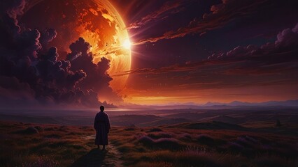 Fototapeta premium A beautiful colorful and surreal landscape with a large red sun in the sky The sky is filled with cl