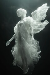 Fototapeta premium christmas angel floating in the air covered with a thin transparent fabric that turns into a thick fog