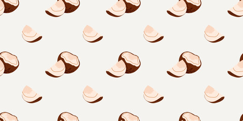 Cartoon coconut seamless pattern. Nuts in shell and peeled piece. Healthy tropical food. Diet snack. Decor textile, wrapping paper, wallpaper design. Print for fabric vector isolated illustration