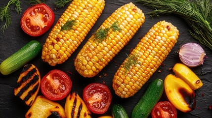 Grilled corn and vegetables arranged on a dark stone surface.