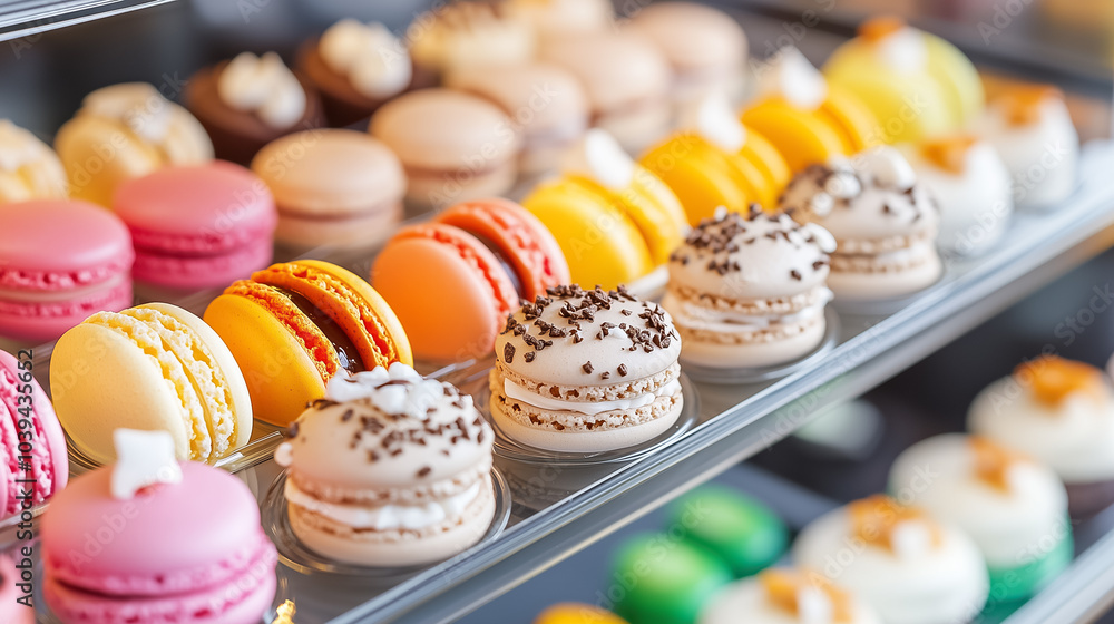 Poster a colorful array of macarons showcased in neat rows at a pastry shop, highlighting their diverse fla