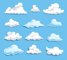 Cartoon style cloud illustrations on a clear blue background showcasing various fluffy shapes.
