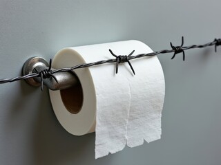 Conceptual image of a toilet paper roll restricted by barbed wire, symbolizing discomfort, limitation, or difficulty in accessing basic needs