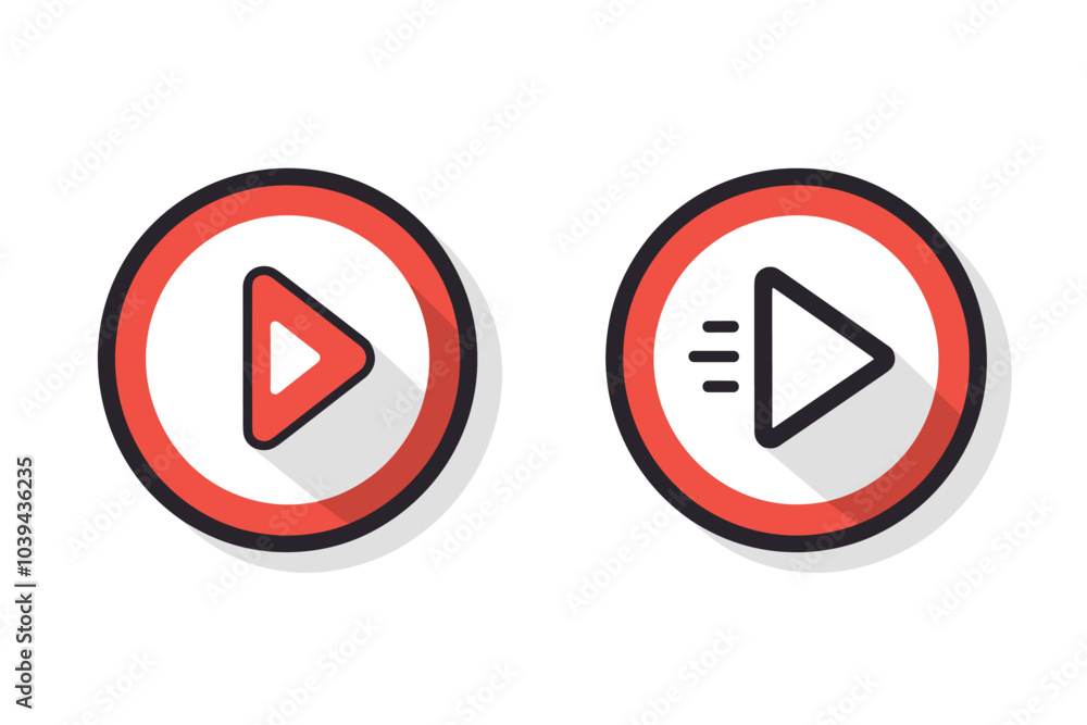 Poster two red and white play icons, one with speed lines, symbolizing media playback and fast-forward feat