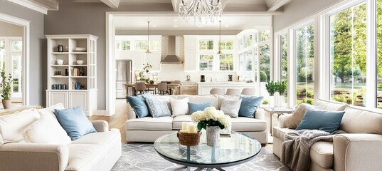 Bright and airy living room with large windows, modern decor, and cozy seating near a glass coffee table, revealing an open kitchen.
