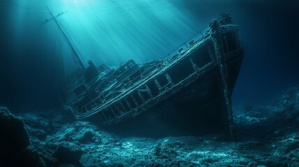 Naklejka premium A sunken ship after a shipwreck on the seabed in the dark waters of the ocean.