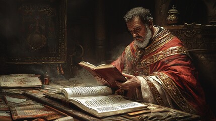 Saint Augustine of Hippo is portrayed in a timeless artistic style, enveloped by ancient manuscripts that embody his profound philosophical insights.
