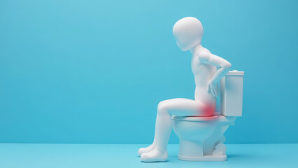 Model of a person suffering from hemorrhoids or diarrhea. The figure of a person sitting on a white toilet, symbolizing acute pain and discomfort. Blue background with copy space.
