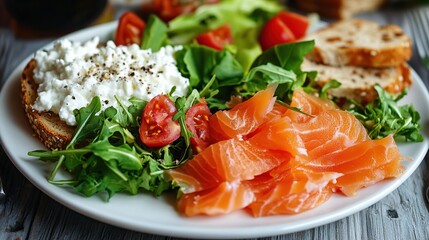 Snack plate filled with vegetable salad with bread and fresh tuna slices ready to eat