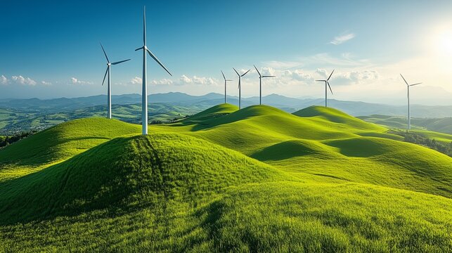 Wind farm on grassy hills, green technology and environment.