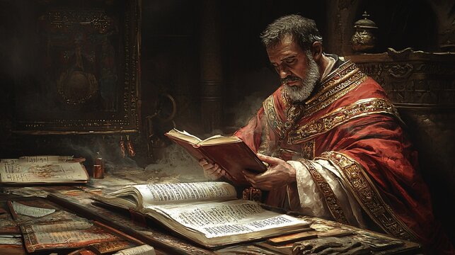 Saint Augustine of Hippo is portrayed in a timeless artistic style, enveloped by ancient manuscripts that embody his profound philosophical insights.