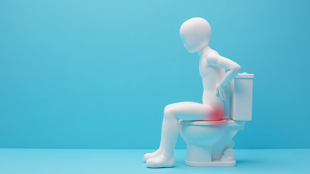 Model of a person suffering from hemorrhoids or diarrhea. The figure of a person sitting on a white toilet, symbolizing acute pain and discomfort. Blue background with copy space.