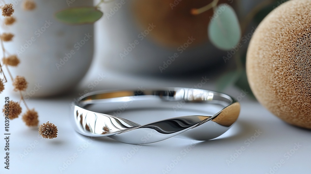 Poster modern silver bangle with a geometric design resting on a simple minimalistic background blending co