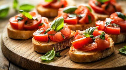 Bruschetta with fresh tomatoes and basil on a wooden tray