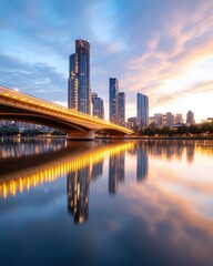Obraz premium Stunning City Skyline Reflection at Sunset