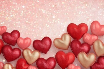Holiday red hearts on pink background with copy space, symbol of romance and love.
