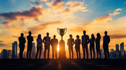 A group of business people standing around the gold trophy, concept success and victory, leadership.