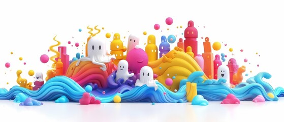 Whimsical fantasies a colorful playful landscape of ghostly characters and vibrant waves in a surreal world of imagination