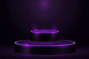 Black neon podium for Halloween with purple glowing light on dark background. Cylinder flat 3d platform. Vector illustration with generative ai