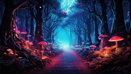A mystical forest path illuminated by glowing mushrooms, surrounded by dark trees and ethereal blue light, creating a dreamlike atmosphere.