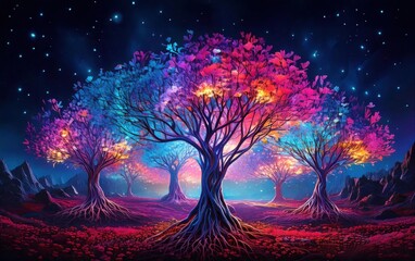 Fototapeta premium A vibrant landscape featuring colorful trees under a starry night sky, blending shades of purple, pink, and blue in a fantastical setting.