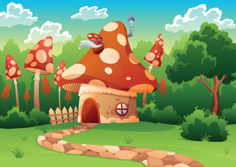 Fairytale house landscape. Cartoon fairy house in form of mushroom on green lawn decorated trees and grass. Vector illustration on white background