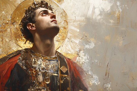 An artistic portrayal of Saint Stephen highlights the exquisite details of his garments and the symbolic motifs that embody his enduring legacy.