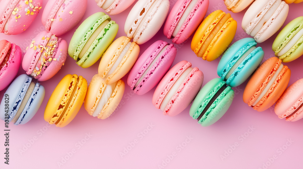 Poster delicious macarons in an array of colors are neatly displayed on a soft pastel backdrop, enticing sw