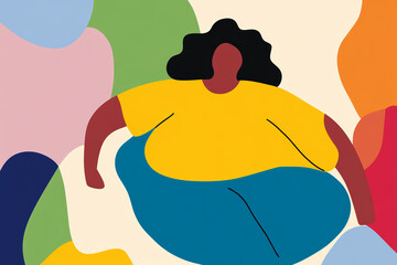 Colorful abstract illustration of a woman in a yellow shirt and blue pants against a vibrant backdrop. Fat shaming.