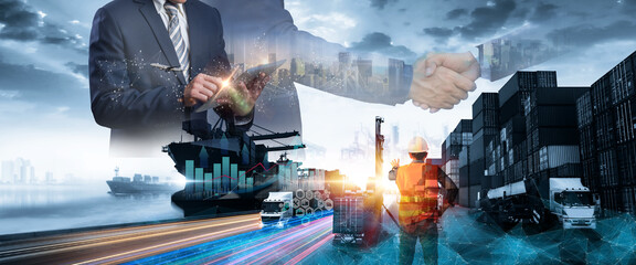 Business people shaking hands, success business of Logistics Industrial Container Cargo freight...
