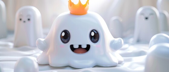 Obraz premium Whimsical crowned ghost character surrounded by playful spirits in a dreamy atmosphere of fun and fantasy