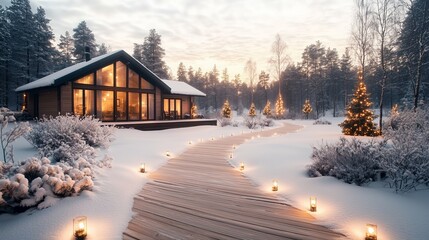 Snowy winter landscape with a modern wooden house