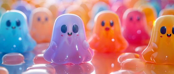 Vibrant and playful ghosts a colorful collection of adorable jelly-like characters in a dreamy setting
