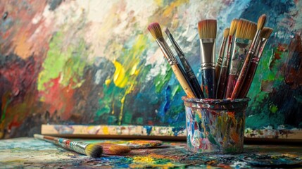A picturesque artist's studio with painting tools and canvases, Creative artistic expression style, photo of